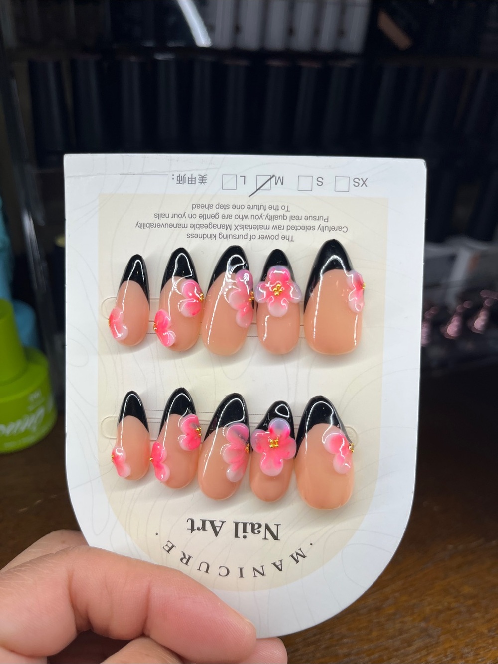 Press-On Nails Pink Floral Black French tip medium